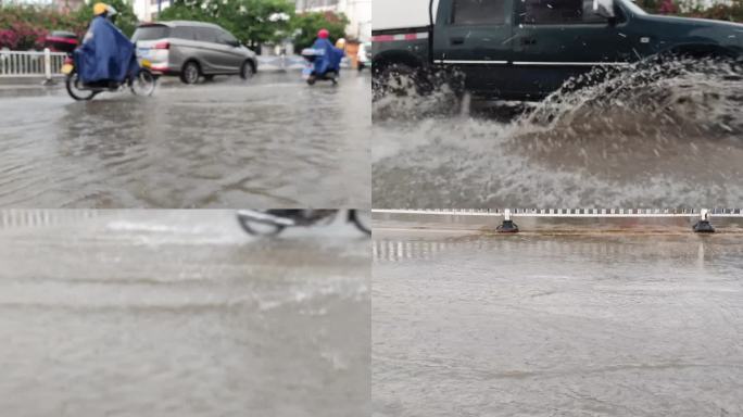 暴雨积水车轮转动积水路面水花飞溅飞溅水花