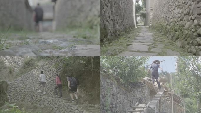 (4K) 浙江泰顺行人在村庄石板路上走过