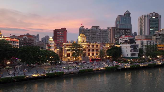 粤海关晚霞夜景航拍