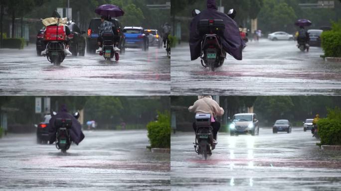 雨中骑电动车的人们