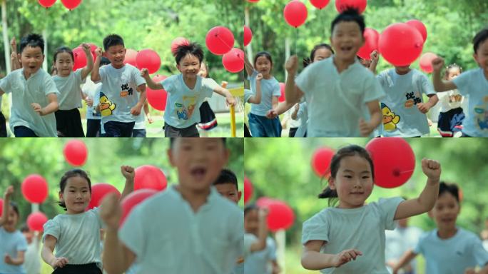 孩子牵着红色气球奔跑 儿童节 快乐童年