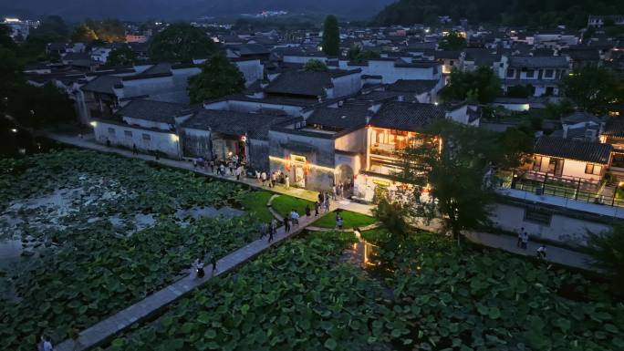 4K黟县宏村蓝调夜景航拍