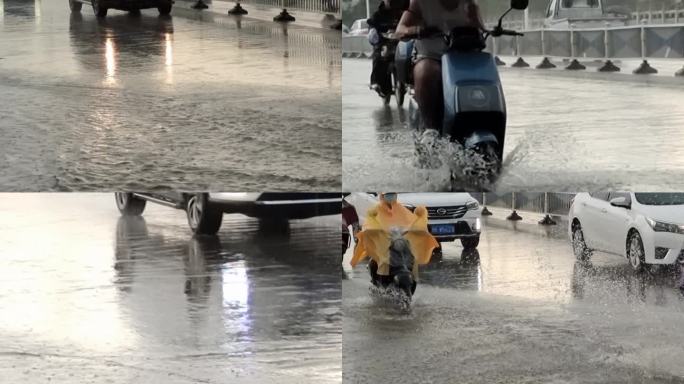 暴雨积水车轮转动积水路面水花飞溅飞溅水花