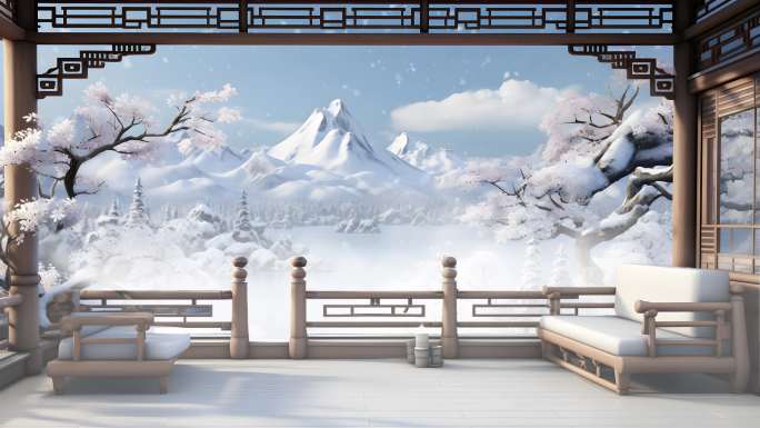 4K中国风雪景舞台场景