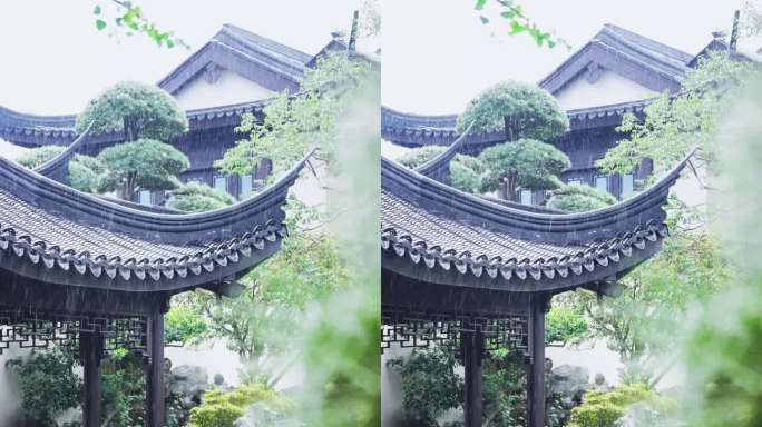 下雨天传统中式园林古建筑亭子