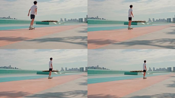 滑板少年 滑板 城市江边公园滑板