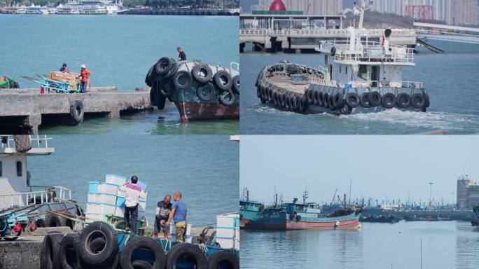 厦门鼓浪屿码头工人搬运货物推车货轮渔船