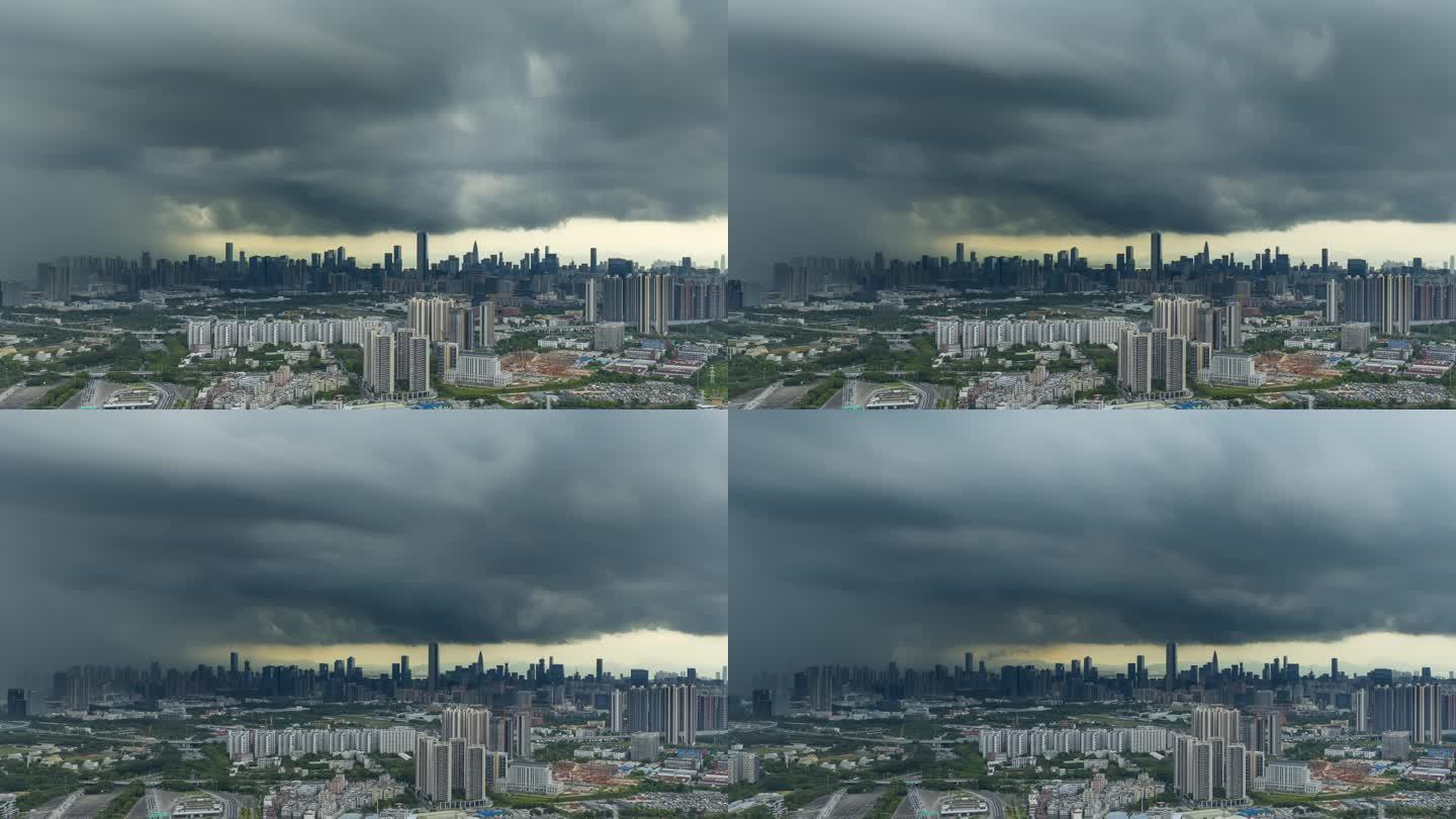 航拍暴风雨中乌云满天的深圳城市全景延时