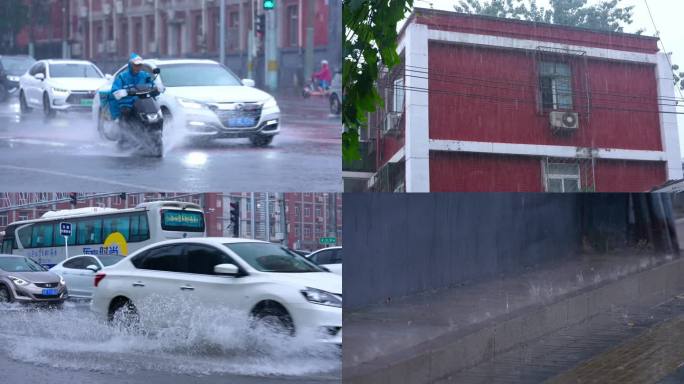 城市下雨街道雨天打伞过马路行车水花溅起