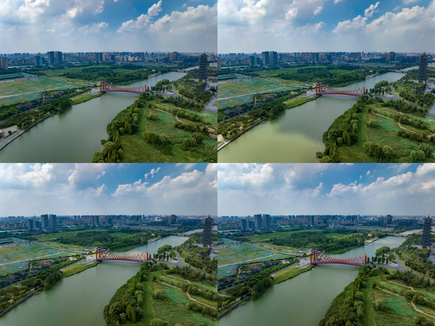 航拍京杭大运河扬州段前推延时摄影