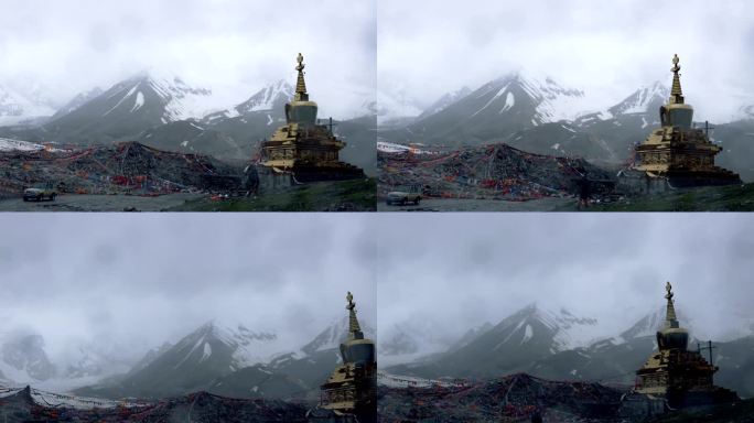 群山雪峰 阿尼玛卿神山高山风光 飘飘经幡