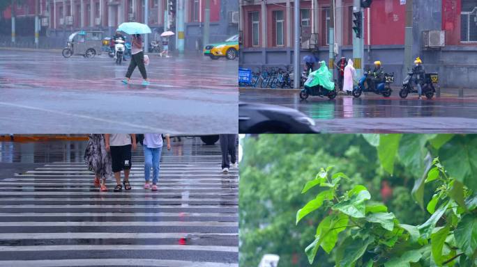 下雨城市快递骑手打伞快递员水花四溅