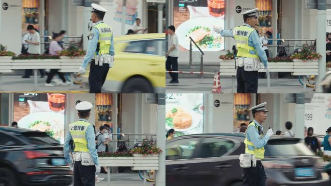 静安交警十字路口指挥交通文明城市红绿灯