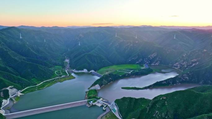 承德丰宁蓄水库 水电站 夕阳 山水