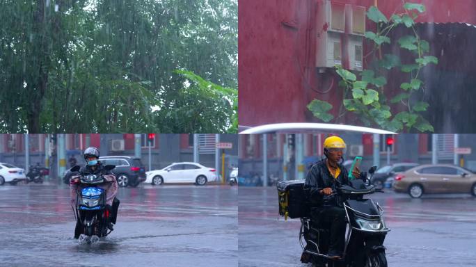 城市下雨街道马路积水快递骑车水花溅起