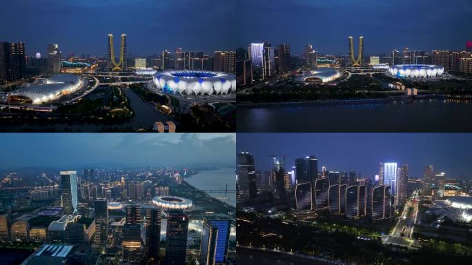 杭州奥体中心亚运会杭州之门夜景延时航拍