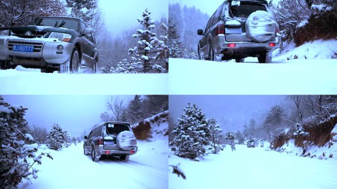 山西方山梅洞沟森林公园 汽车在雪地中行驶