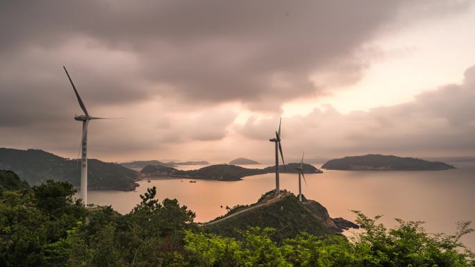 台州玉环市牛头颈航拍延时日出朝霞风车黄门