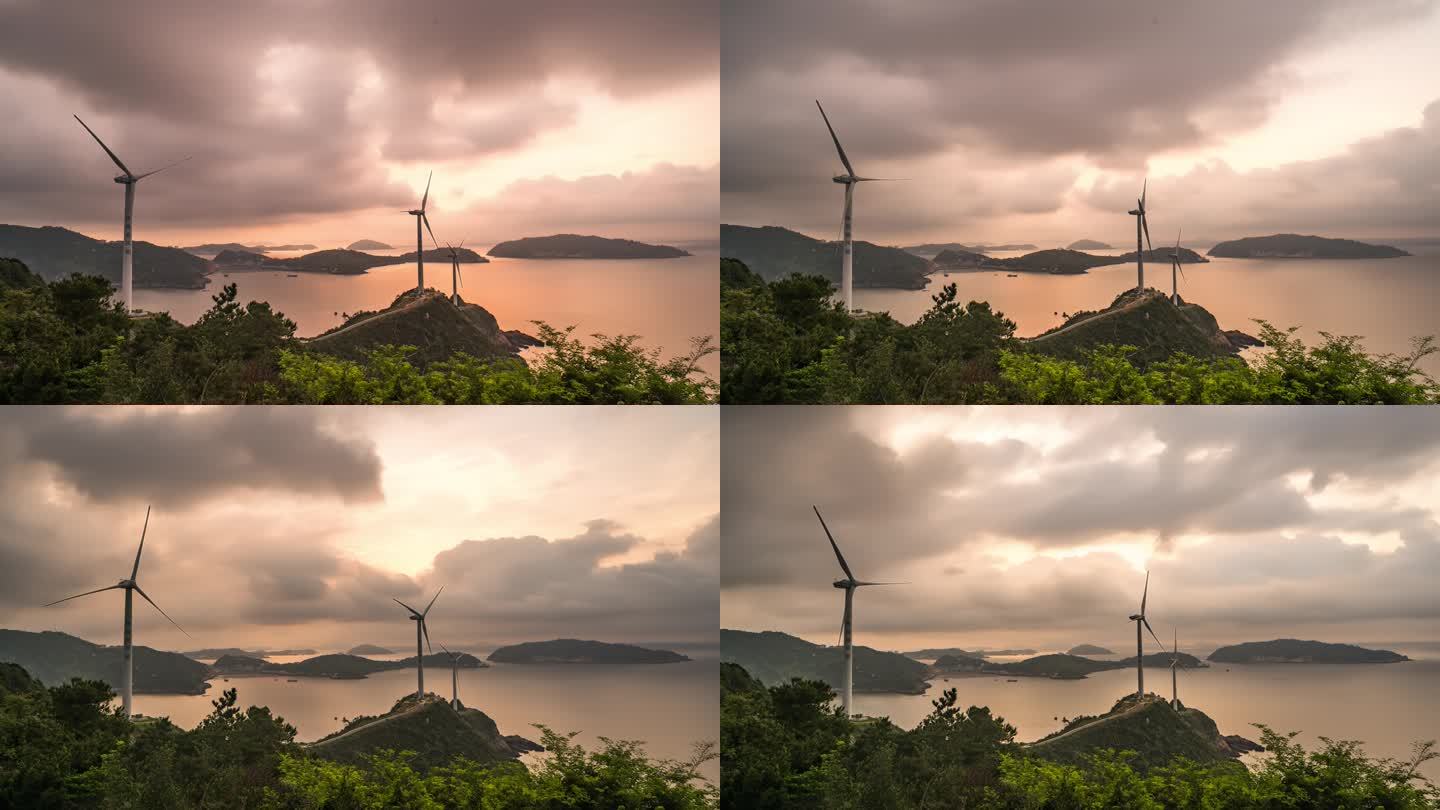 台州玉环市牛头颈航拍延时日出朝霞风车黄门