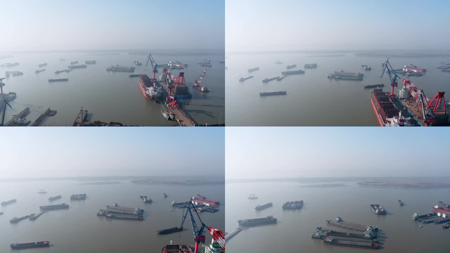 航拍扬州港口造船厂轮船货轮航行素材