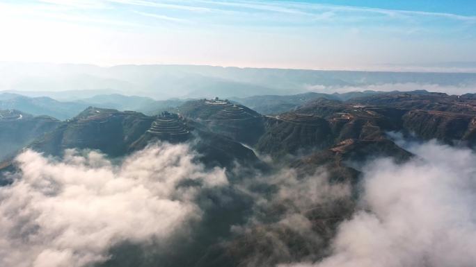 陕北黄河平原地貌平流雾云海4K航拍