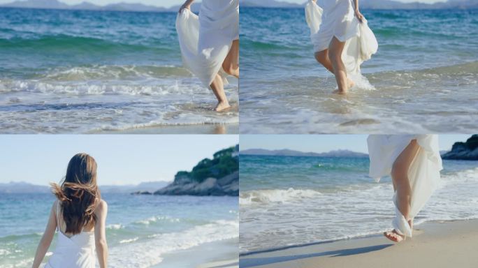 夏日海边，穿着白裙的女性在玩水
