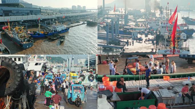 渔港码头开渔舟山国际水产城海鲜码头卸货