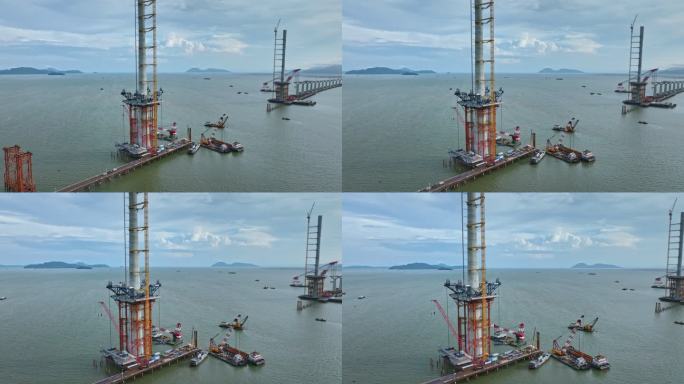 4k航拍珠海黄茅海跨海大桥钢箱梁吊装