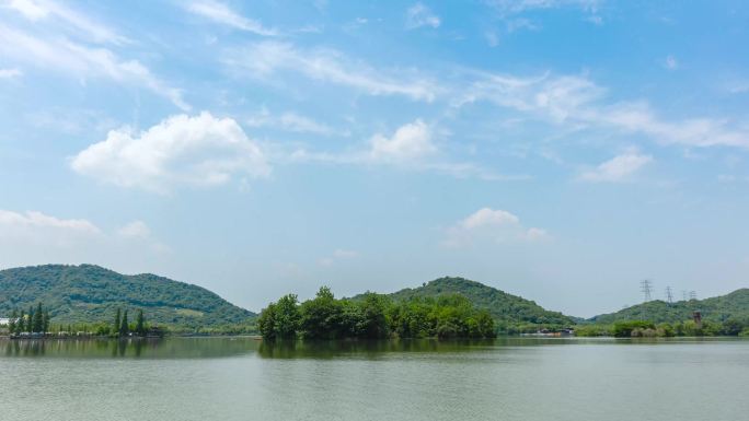 杭州湘湖风景区蓝天白云湖水延时摄影素材