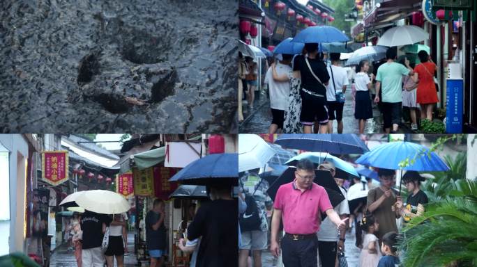 4K下雨天古镇老街人流