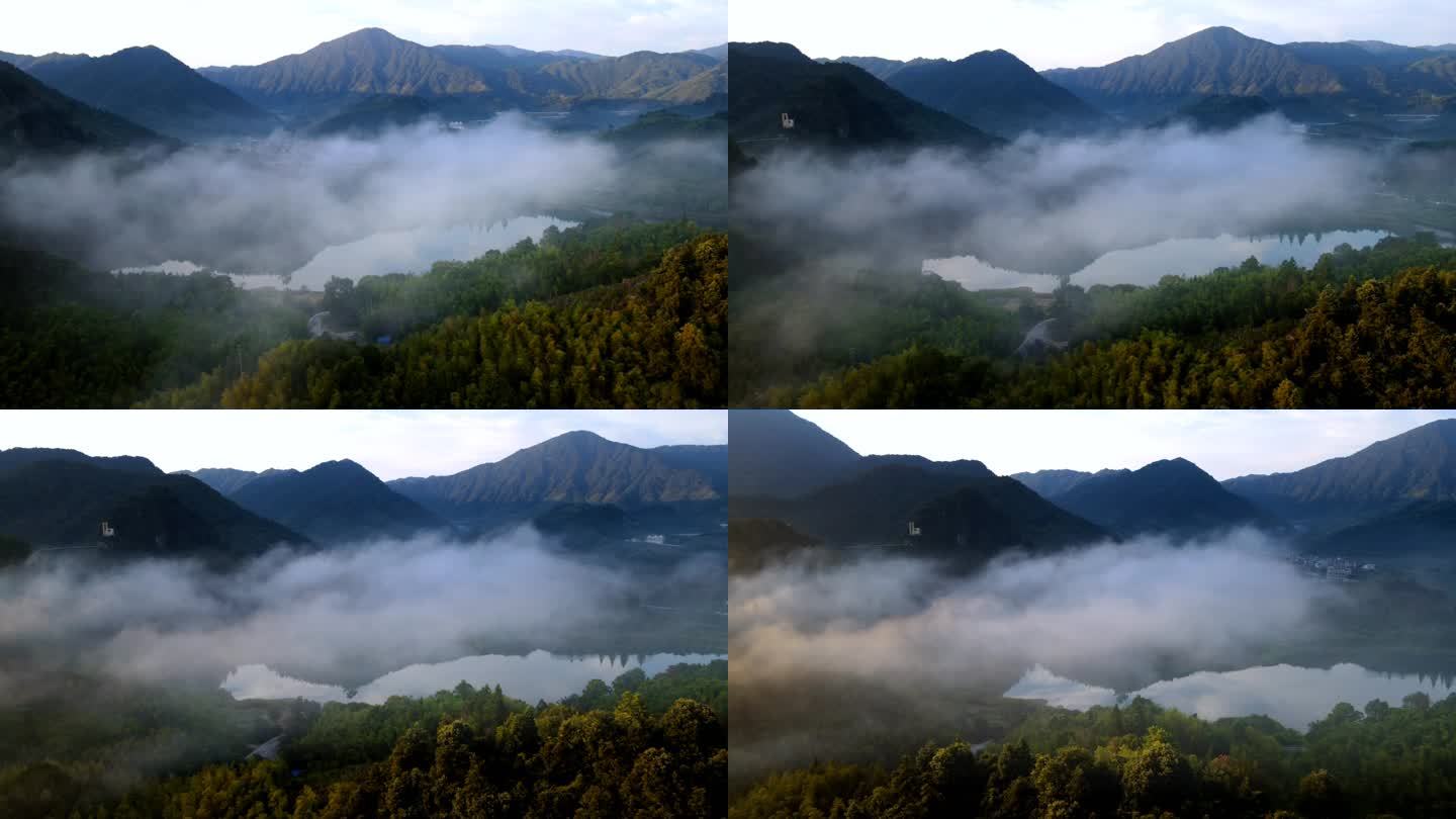 4K广州从化高山湖泊晨雾云海森林航拍