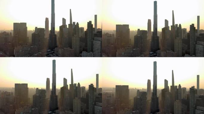 城市航拍纽约曼哈顿上东区摩天大楼日出阳光