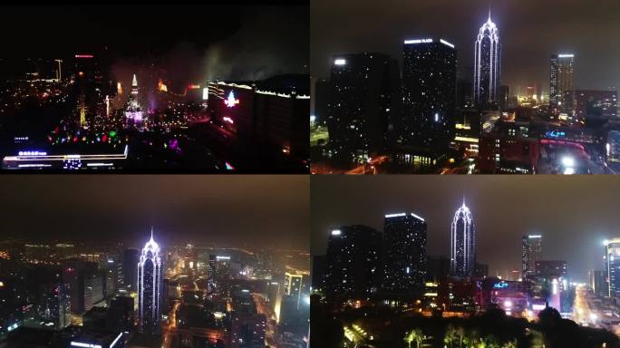 宁波南部商务区夜景航拍烟花