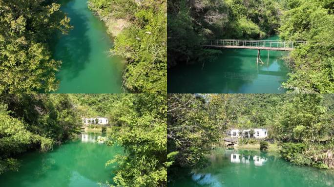 贵州茂兰自然生态湖泊木桥小屋航拍4K