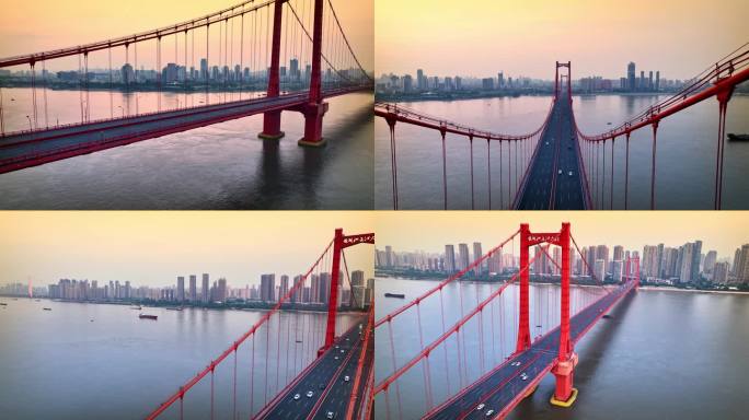 航拍朝阳下的武汉鹦鹉洲长江大桥