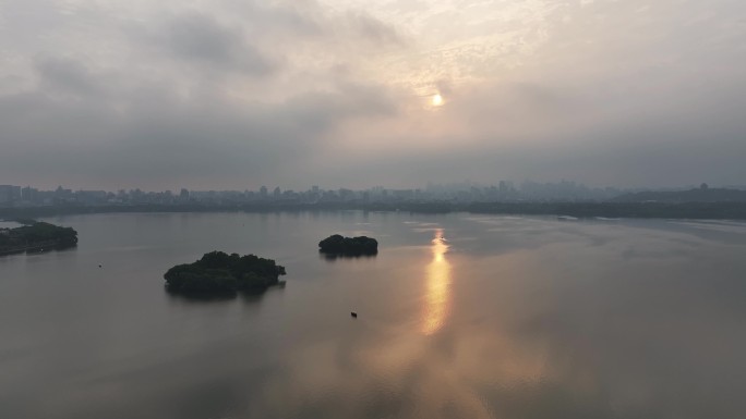 航拍杭州西湖 湖心亭 阮公墩 西湖日出