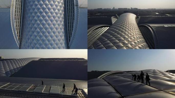 航拍广州南站房顶ETFE膜结构气枕