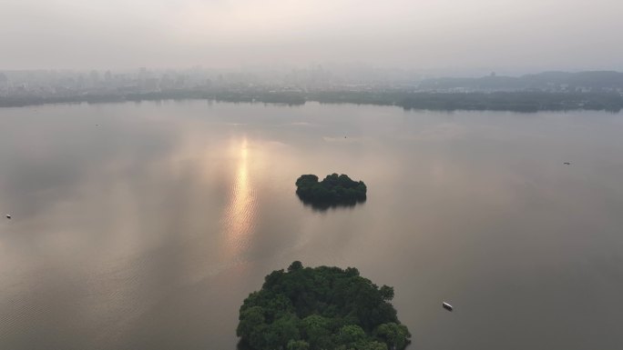 航拍杭州西湖 湖心亭 阮公墩 西湖日出