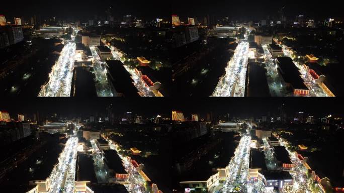 江苏连云港夜景步行街人流航拍