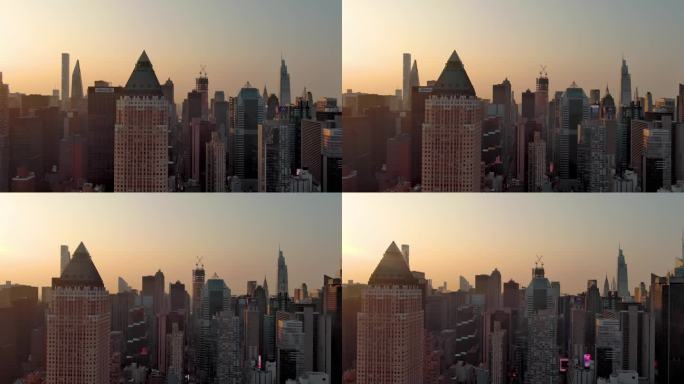 城市航拍纽约曼哈顿上东区摩天大楼日出朝霞