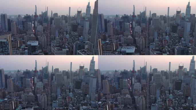 航拍纽约曼哈顿上东区塔摩天大楼日出天际线