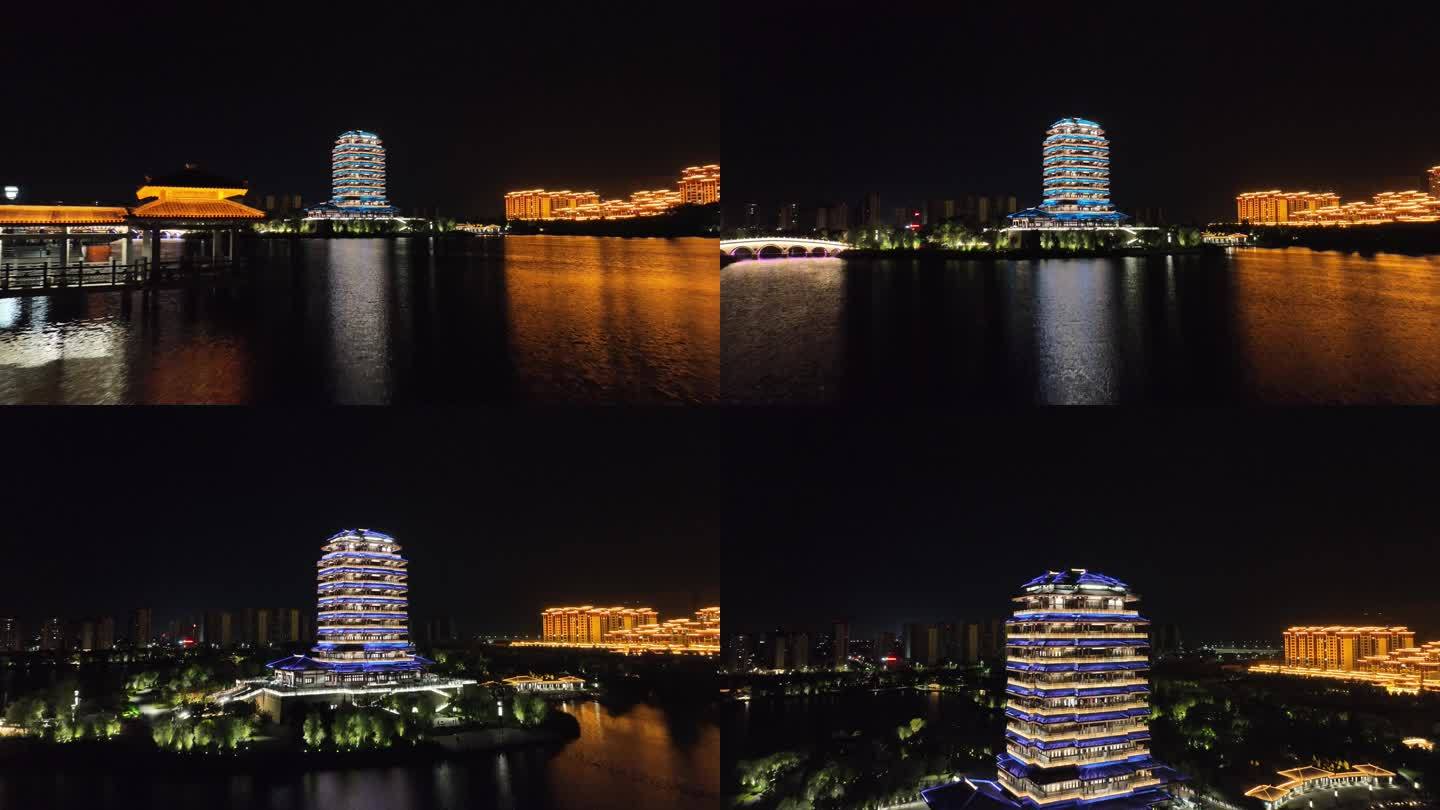 山东 淄博 夜景 航拍 海岱楼航拍