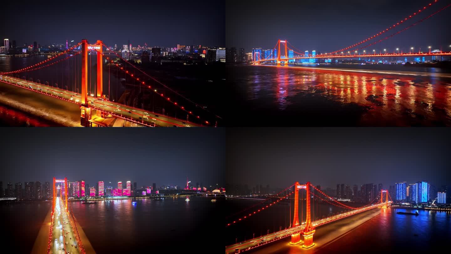 航拍武汉鹦鹉洲长江大桥夜景