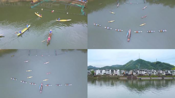 烟雨 黄山 航拍 船 古法捕鱼