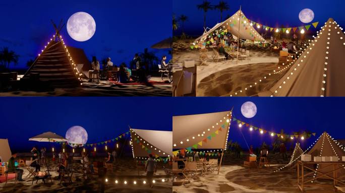 露营 户外露营野营帐篷篝火赏月 月亮升起