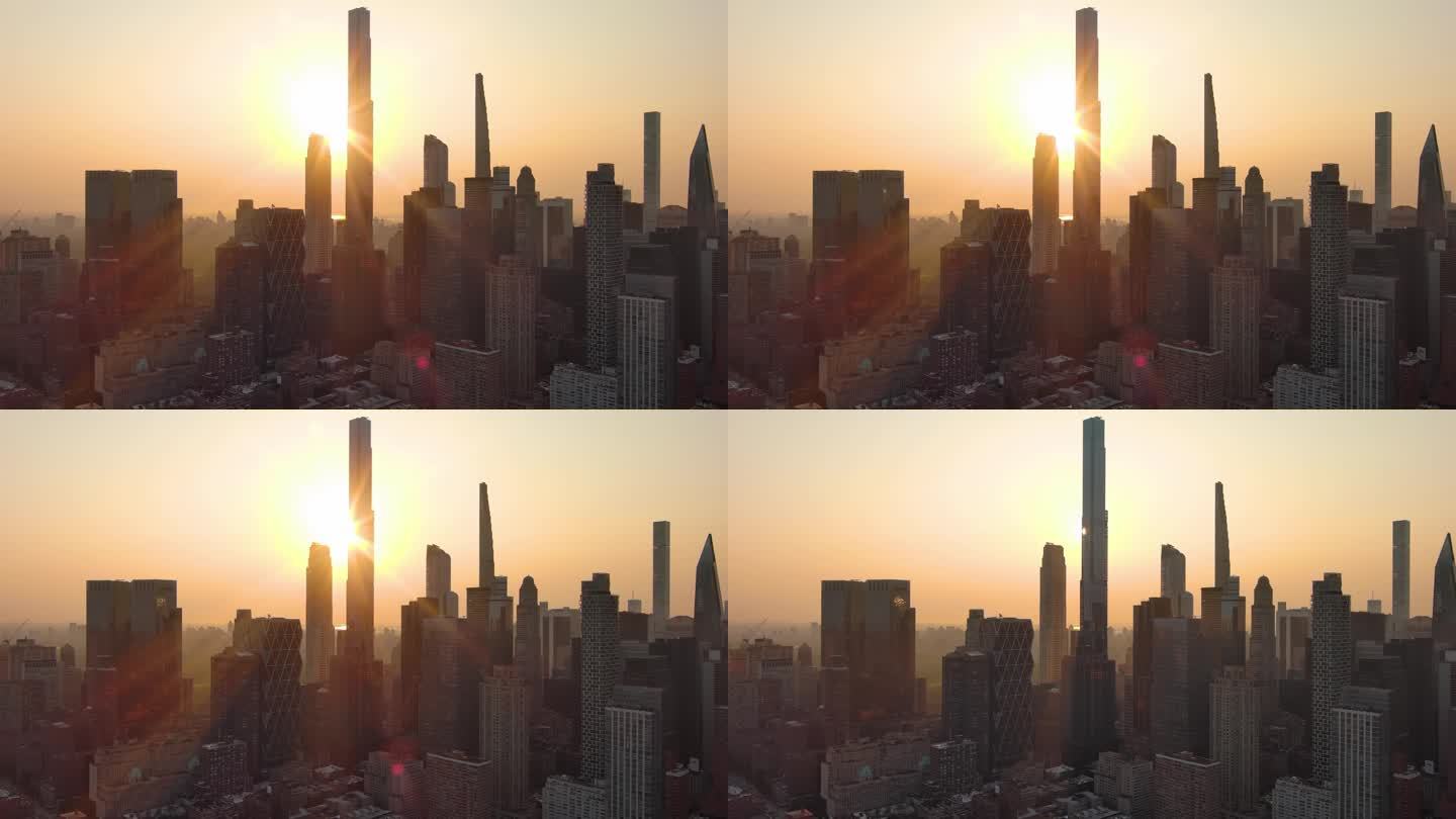 城市航拍纽约曼哈顿上东区摩天大楼日出阳光