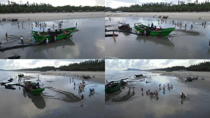 岸边沙滩渔船搁浅海鲜市场航拍