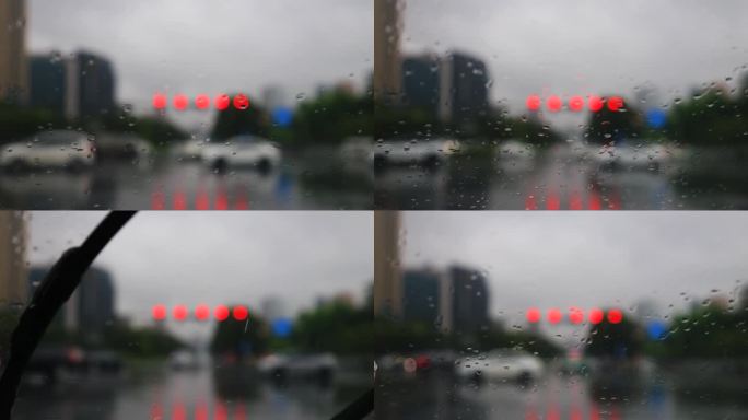 车窗雨刮器下雨天马路来往车辆意境虚实雨滴