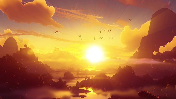 中国古风山水日出群山火烧云场景大屏2