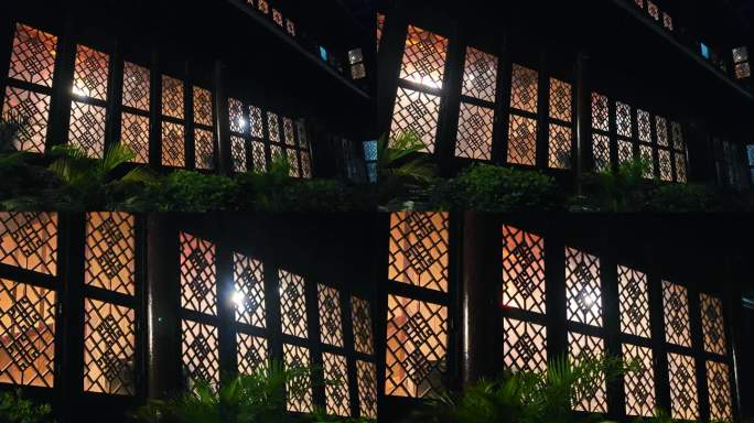 窗户亮灯晚上窗沿中式建筑中国风